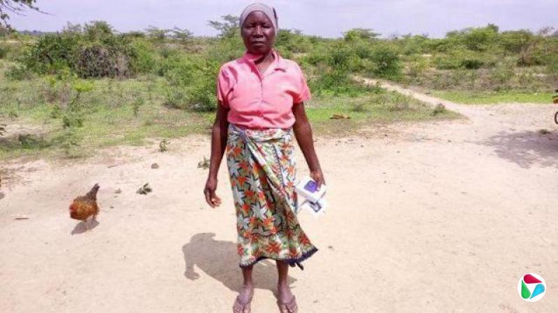 卡迪站在肯尼亚的一条路上,旁边还有几只鸡