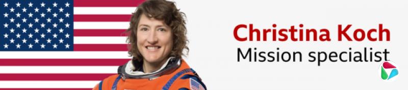 横幅上是克里斯蒂娜·科赫(Christina Koch)的头像,克里斯蒂娜身穿橙色飞行服,站在美国国旗前。