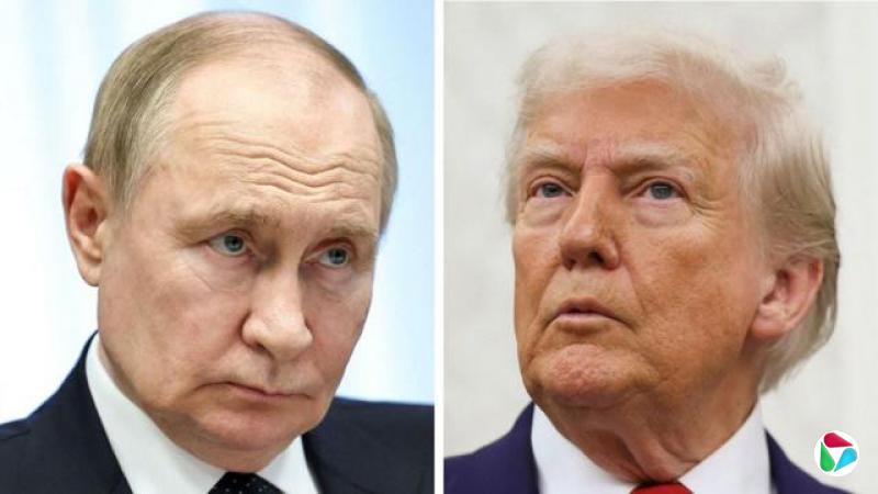 左图为俄罗斯总统普京,身穿黑色领带、西装和白衬衫,眉毛上扬,表情严肃。右图为美国总统特朗普,同样表情严肃,身穿蓝色西装、红色领带和白衬衫。