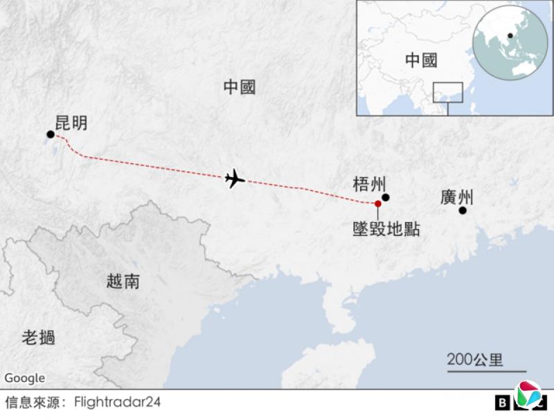 地图:东航MU5735客机飞行轨迹与坠毁地点
