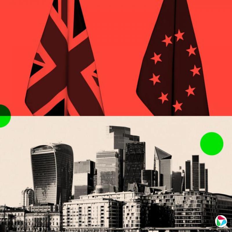 经过处理的图片显示英国与欧盟旗帜,下方为伦敦市天际线的黑白影像