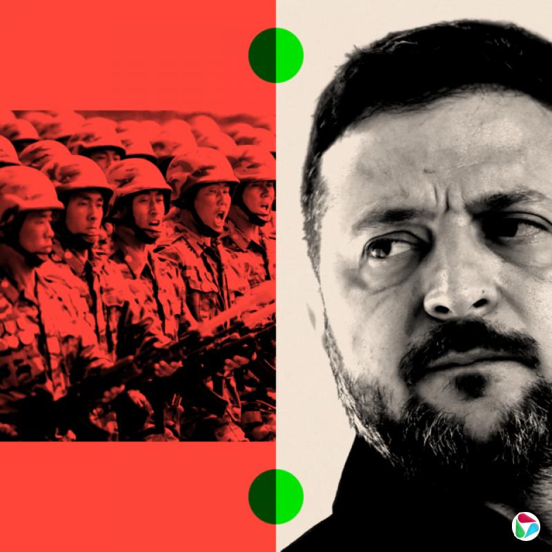 经过处理的双图:右方是一列北韩士兵,左方是弗拉基米尔·泽连斯基的特写照片