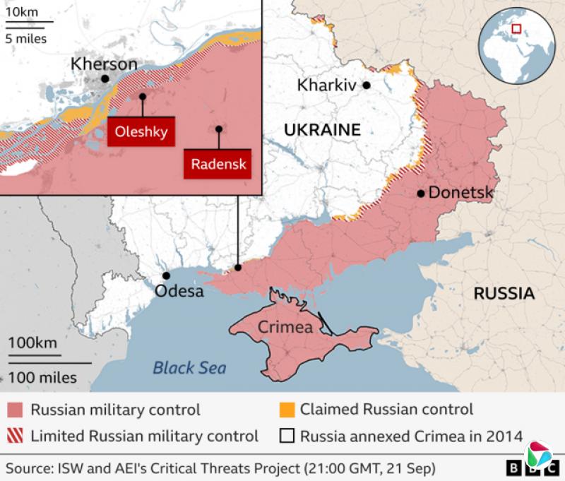 显示俄罗斯占领下乌克兰境内奥列什基(Oleshky)和拉登斯克(Radensk)位置的地图。由乌克兰控制的赫尔松市(Kherson)位于奥列什基和拉登斯克以北,隔河相望。