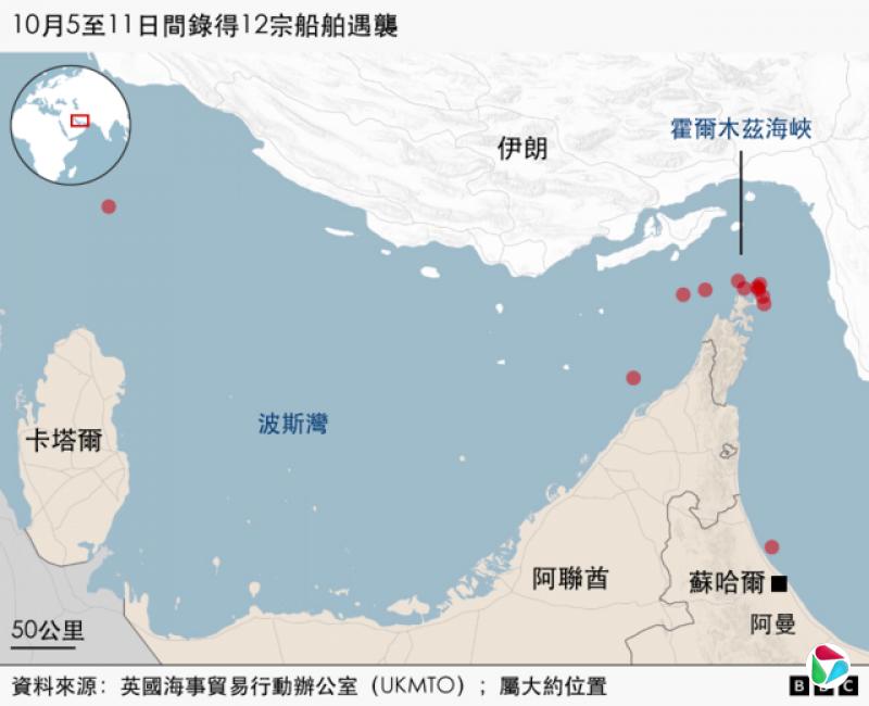 地图:显示海湾及霍尔木兹海峡,标示10月5日至11日期间12宗通报的船只遇袭事件。红点表示事件的大致位置,其中大部分集中于伊朗与阿曼之间、靠近穆桑代姆半岛的霍尔木兹海峡一带。其他袭击事件则标示于阿曼沿岸外海较南位置,以及海湾内较西位置。地图标示伊朗、卡塔尔、阿联酋、阿曼、苏哈尔、海湾及霍尔木兹海峡。附图显示该地区在中东的位置。来源:UKMTO;位置为约略标示。