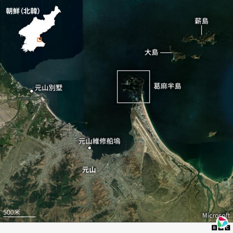 元山地区的近景卫星影像,定位点标示了元山别墅、元山维修码头、葛麻半岛、大岛(Tae Island)和薪岛(Sin Island)。